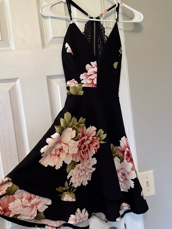 Emerald Sundae Dresses & Skirts - Floral Black Fit-and-Flare Dress with Lace Back